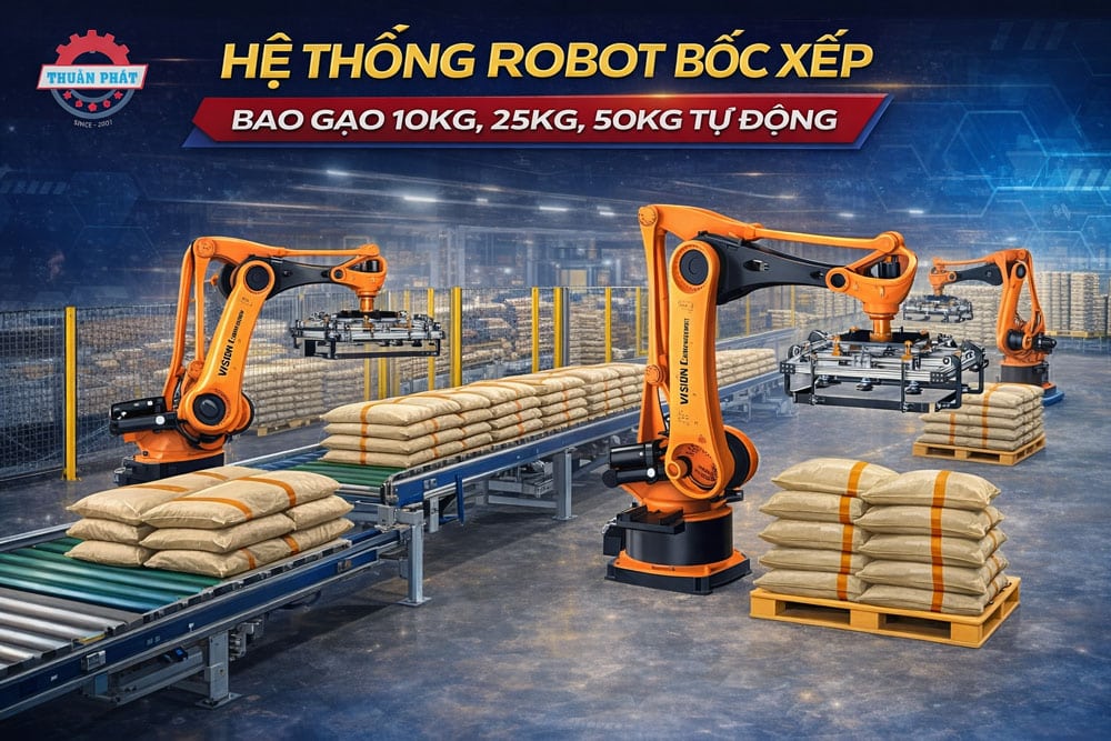robot boc xep bao gao tu dong | Thuận Phát Technical robot bốc xếp bao gạo 10kg, 25kg, 50kg